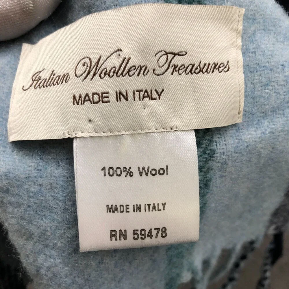 Italian Woolen Treasures 100% Wool Scarf Light Blue Fringe‎ Rectangle Mens Plaid
